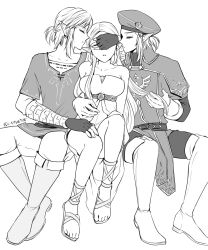 Rule 34 | 1girl, 2boys, boots, covered eyes, covering another&#039;s eyes, dual persona, earrings, fingerless gloves, gloves, greyscale, hat, hetero, highres, holding another&#039;s hair, invisible chair, jewelry, link, long hair, monochrome, multiple boys, nintendo, pants, pointy ears, ponytail, princess zelda, sandals, simple background, sitting, teraichigo, the legend of zelda, the legend of zelda: breath of the wild