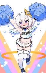 Rule 34 | 1girl, alternate costume, amane kanata, angel wings, armpits, arms up, blush, cheerleader, commentary request, flat chest, grey hair, halo, highres, hololive, kani bonara, looking at viewer, microskirt, navel, open mouth, pleated skirt, pom pom (cheerleading), purple eyes, short hair, skirt, solo, standing, standing on one leg, stomach, thighhighs, virtual youtuber, white background, white skirt, white thighhighs, wings, zettai ryouiki