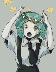 Rule 34 | 1other, 773 577 773, :o, arms up, black necktie, collared shirt, grey background, head wreath, highres, houseki no kuni, looking at viewer, nail polish, necktie, open mouth, phosphophyllite, shirt, short hair, short sleeves, simple background, solo