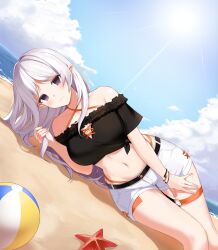 Rule 34 | 1girl, 3:, ball, bare shoulders, beach, beachball, black eyes, black shirt, blue sky, bracelet, breasts, cleavage, cleavage cutout, closers, clothing cutout, cloud, cropped shirt, dutch angle, feet out of frame, frown, hand on own thigh, hand up, highres, holding, holding own hair, jewelry, large breasts, levia (closers), long hair, looking at viewer, lying, navel, no pupils, o-ring, o-ring thigh strap, ocean, off-shoulder shirt, off shoulder, official art, on side, outdoors, pointy ears, sand, shirt, short shorts, short sleeves, shorts, sky, solo, starfish, stomach, sun, thigh strap, tied shirt, white hair, white shorts