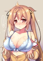 Rule 34 | 1girl, blurry, blush, bra, breasts, brown eyes, brown hair, cleavage, depth of field, full-face blush, kantai collection, lace, lace-trimmed bra, lace trim, large breasts, long sleeves, murasame (kancolle), open clothes, open shirt, ringo sui, solo, twintails, underwear, white bra