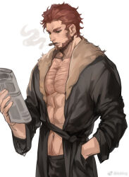 Rule 34 | 1boy, abs, adling, bara, beard, cowboy shot, facial hair, fate/zero, fate (series), full beard, holding, holding newspaper, iskandar (fate), large pectorals, male focus, mature male, muscular, muscular male, navel, navel hair, newspaper, pectoral cleavage, pectorals, reading, red eyes, short hair, smoking, solo, standing, stomach, thick eyebrows