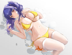 Rule 34 | 1girl, anti kumo, azur lane, bikini, breasts, cleavage, closed mouth, commentary, curvy, from above, groin, highres, huge breasts, looking at viewer, lying, navel, official alternate costume, on back, pola (azur lane), pola (seaside coincidence) (azur lane), purple hair, red eyes, side-tie bikini bottom, side ponytail, skindentation, solo, starfish, stomach, swimsuit, thighhighs, underboob, wet, wet hair, white thighhighs, yellow bikini