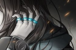 Rule 34 | 1girl, absurdres, amiya (arknights), arknights, artist request, black background, black jacket, brown hair, company name, copyright name, cytus, hand focus, hand in own hair, hand up, head out of frame, highres, jacket, jewelry, long hair, multiple rings, official art, ring, simple background, solo