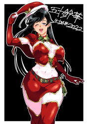 Rule 34 | 1girl, 2022, absurdres, adjusting clothes, adjusting headwear, bell, belt, birthday, black background, black belt, black eyes, black hair, bodysuit, boots, bow, bowtie, breasts, capelet, character name, christmas, commentary, covered navel, cowboy shot, crop top, earrings, elbow gloves, girls und panzer, gloves, green bow, green bowtie, half-closed eye, hat, hat bow, hat ornament, highres, isuzu hana, jewelry, large breasts, long hair, looking at viewer, miniskirt, neck bell, one eye closed, open mouth, outline, red capelet, red footwear, red gloves, red hat, red shirt, red skirt, santa hat, shinkuukan (tetsuo3), shirt, side slit, skirt, smile, solo, standing, star (symbol), star earrings, star hat ornament, strapless, strapless shirt, thigh boots, translated, white bodysuit, white outline