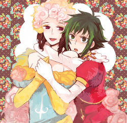Rule 34 | 2girls, arm around neck, asellus (saga frontier), bad id, bad pixiv id, bare shoulders, brown hair, couple, dress, elbow gloves, flower, gloves, green eyes, green hair, long hair, multiple girls, princess white rose, red eyes, saga, saga frontier, short hair, sudachips, yuri