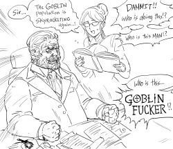 Rule 34 | 1boy, 1girl, bb (baalbuddy), beard, book, chair, cleavage cutout, clenched hands, clothing cutout, collared shirt, commentary, emphasis lines, english commentary, english text, facial hair, flying sweatdrops, goblin slayer!, greyscale, hair bun, highres, holding, jacket, monochrome, necktie, office chair, office lady, original, paper, parody, shirt, simple background, sitting, swivel chair, title parody, white background, wide-eyed, wing collar