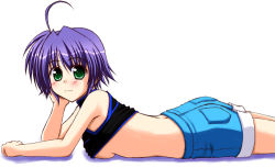 Rule 34 | 00s, 1girl, :3, ahoge, breasts, clenched hand, clothes lift, denim, denim shorts, from side, green eyes, head rest, looking at viewer, lying, lyrical nanoha, mahou shoujo lyrical nanoha, mahou shoujo lyrical nanoha strikers, on stomach, purple hair, shirt, shirt lift, short hair, shorts, sideboob, simple background, sleeveless, sleeveless shirt, solo, subaru nakajima, underboob, white background