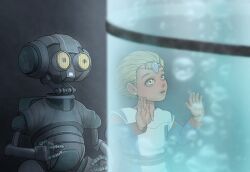 Rule 34 | 1boy, 1girl, android, animification, azi-3, blonde hair, bubble, child, commentary request, droid, flask, hand on glass, highres, jewelry, junchan nyan, kamino (planet), laboratory, omega (star wars), robot, science fiction, scientist, star wars, star wars: the bad batch, uniform, yellow eyes