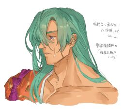 Rule 34 | 1boy, bbbb fex, cropped shoulders, crying, crying with eyes open, empty eyes, facial scar, fate/grand order, fate (series), green hair, large pectorals, long hair, looking down, male focus, messy hair, muscular, muscular male, pectoral cleavage, pectorals, sad, scar, scar on cheek, scar on face, solo, tawara touta (fate), tears