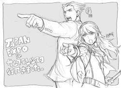 Rule 34 | 1boy, 1girl, bad id, bad twitter id, belt, border, capcom, cape, crossover, english text, fingerless gloves, fire emblem, fire emblem awakening, foreshortening, formal, gloves, greyscale, ace attorney, hair between eyes, hairband, height difference, iwamoto tatsurou, jpeg artifacts, kozaki yuusuke, long hair, long sleeves, lucina (fire emblem), monochrome, phoenix wright, nintendo, objection, official art, open mouth, pants, pointing, pointing at viewer, project x zone, project x zone 2, signature, sketch, spiked hair, striped, suit, tiara, translation request, tunic, vertical stripes