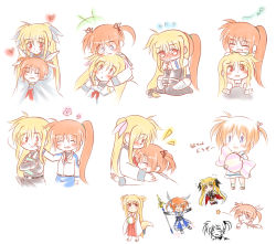 Rule 34 | 2girls, animal ears, blonde hair, blue eyes, blush, brown hair, candy, chibi, couple, embarrassed, eye contact, closed eyes, fate testarossa, food, fox tail, hair ornament, happy, heart, hug, hug from behind, long hair, looking at another, lyrical nanoha, magical girl, mahou shoujo lyrical nanoha, mahou shoujo lyrical nanoha strikers, mahou shoujo lyrical nanoha vivid, military, military uniform, multiple girls, aged up, open mouth, pout, red eyes, ribbon, school uniform, short twintails, side ponytail, simple background, smile, staff, star (symbol), tail, takamachi nanoha, twintails, uniform, wara neko, waraneko, weapon, white background, aged down, yuri