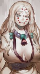 Rule 34 | 1girl, absurdres, bead necklace, beads, blue eyes, breasts, cleavage, colored eyelashes, colored skin, facial mark, forehead mark, frown, furrowed brow, hair beads, hair ornament, highres, ibuo (ibukht1015), japanese clothes, jewelry, kimetsu no yaiba, kimono, large breasts, long hair, looking at viewer, mature female, mother spider demon (kimetsu no yaiba), necklace, pale skin, sad, sash, solo, tassel, thick eyebrows, upper body, white hair, white skin