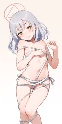 Rule 34 | 1girl, :q, absurdres, bandages, breasts, budget sarashi, derivative work, grey hair, halo, highres, izmr ifrt, medium hair, navel, original, panties, sarashi, simple background, small breasts, stomach, sweat, tongue, tongue out, underwear, white background, white hair, white panties, yellow eyes