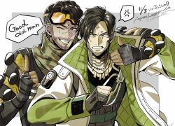 Rule 34 | 2boys, anger vein, animification, annoyed, apex legends, arm around shoulder, artist name, black eyes, black gloves, black hair, black shirt, brown eyes, brown hair, clenched teeth, crypto (apex legends), dated, english text, fingerless gloves, gloves, green sleeves, green vest, jacket, jewelry, male focus, mirage (apex legends), mozuwaka, multiple boys, necklace, one eye closed, partially fingerless gloves, pointing, pointing up, scar, scar across eye, scar on face, scarf, shirt, speech bubble, spoken anger vein, teeth, v-shaped eyebrows, vest, white jacket