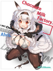 Rule 34 | 1girl, alvis (last origin), animal ears, artist name, bad id, bad pixiv id, black pantyhose, blush, bra, breasts, bukkake, cameltoe, candy, character name, chocolate, chocolate bar, cleavage, cleft of venus, copyright name, cum, english text, food, full body, fur jacket, gloves, hairband, highres, jacket, last origin, looking at viewer, oppai loli, panties, panties under pantyhose, pantyhose, red eyes, rikume, sexually suggestive, solo, squatting, tears, underwear, wavy mouth, white hair