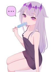 ... 1girl babydoll blush crown female_focus flat_chest food hair_flaps highres hololive hololive_english ice_cream koseki_bijou long_hair looking_at_viewer purple_eyes purple_hair simple_background sitting solo speech_bubble very_long_hair viqur virtual_youtuber white_background