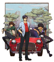 Rule 34 | 10s, 1990s (style), 3boys, afro, black hair, border, bracelet, brown eyes, brown hair, building, cabbie hat, car, city, city hunter, cowboy bebop, crossover, facial hair, formal, full body, hands in pockets, hat, highres, jacket, jewelry, kaburagi t. kotetsu, male focus, manly, mini cooper, motor vehicle, multiple boys, multiple crossover, necktie, nira (niratoro), on vehicle, outdoors, outside border, red shirt, retro artstyle, saeba ryou, shirt, short hair, skyscraper, spike spiegel, standing, stubble, suit, tiger &amp; bunny, trait connection, tree, vehicle, vest, watch, white border, wristwatch, yellow shirt