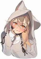Rule 34 | 1girl, :q, ahoge, animal hood, berry, black choker, brown eyes, brown hair, choker, earrings, eus ing, finger to mouth, food, food-themed earrings, food on face, hair between eyes, highres, holocouncil, hololive, hololive english, hood, hood up, jewelry, licking lips, long hair, looking at viewer, multicolored hair, nanashi mumei, nanashi mumei (casual), simple background, sleeve ribbon, solo, streaked hair, tongue, tongue out, virtual youtuber, white background