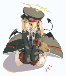 Rule 34 | 1girl, animal bag, bandaid, bandaid on knee, bandaid on leg, bare legs, between legs, black coat, black dress, blonde hair, blue archive, blush, coat, demon girl, demon tail, demon wings, dress, facing viewer, full body, halo, hand between legs, hat, highres, ibuki (blue archive), kneeling, long hair, looking to the side, open clothes, open coat, side ponytail, solo, stuffed animal, stuffed toy, tail, tears, teddy bear, uito yzwa, v arms, very long sleeves, wings, yellow eyes, yellow halo