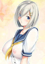 Rule 34 | 10s, 1girl, :o, blue eyes, blush, breasts, buttons, covered erect nipples, dragon@harry, eyes visible through hair, female focus, hair ornament, hair over one eye, hairclip, hamakaze (kancolle), highres, kantai collection, large breasts, looking at viewer, neckerchief, nipples, parted lips, school uniform, see-through, serafuku, short hair, short sleeves, silver hair, solo, upper body, yellow neckerchief