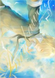 Rule 34 | 1boy, bird, blonde hair, blue sky, cloud, dino, dino cavallone, closed eyes, katekyo hitman reborn!, male focus, necktie, outstretched arms, sky, smile, solo, spread arms, text focus