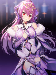 Rule 34 | 1girl, bare shoulders, black choker, blurry, blurry background, blush, breasts, caster (lostbelt), choker, closed mouth, collarbone, commentary request, depth of field, detached sleeves, dress, fate/grand order, fate (series), fur-trimmed sleeves, fur trim, hair between eyes, head tilt, headpiece, highres, holding, holding wand, large breasts, long hair, long sleeves, looking at viewer, purple dress, purple hair, red eyes, ririko (zhuoyandesailaer), scathach (fate), scathach skadi (fate), scathach skadi (third ascension) (fate), sleeveless, sleeveless dress, sleeves past wrists, smile, solo, thighhighs, very long hair, wand, white thighhighs
