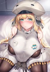 Rule 34 | 1girl, :i, alternate breast size, aqua eyes, artoria caster (fate), artoria caster (first ascension) (fate), artoria pendragon (fate), bare shoulders, blonde hair, blush, bodysuit, breasts, fate/grand order, fate (series), gloves, grey gloves, hat, highres, hirasawa seiji, kneeling, large breasts, long hair, pantyhose, pouch, sleeveless, translation request
