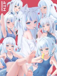 Rule 34 | 1girl, absurdres, animal ears, bare arms, bare legs, barefoot, bikini, blue eyes, blue hair, blue nails, breasts, cat ears, feet, fins, fish tail, flat chest, fpvjoe, full body, gawr gura, highres, holding, holding spoon, hololive, hololive english, looking at viewer, multicolored hair, nail polish, open mouth, red background, shark girl, shark tail, sharp teeth, shirt, simple background, smile, soles, spoon, stomach, streaked hair, swimsuit, tail, teeth, thighs, toes, tongue, tongue out, twintails, virtual youtuber, white background, white shirt