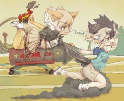Rule 34 | 2girls, :3, animal ears, bird tail, bird wings, black hair, blonde hair, bread slice, commentary, coyote (kemono friends), crop top, extra ears, fire, food, food in mouth, fuse, greater roadrunner (kemono friends), grey hair, head wings, jacket, kemono friends, kolshica, looney tunes, midriff, mouth hold, multicolored hair, multiple girls, rock, running, shirt, shoes, short hair, short sleeves, shorts, sneakers, t-shirt, tail, thighhighs, toast, toast in mouth, wings, wolf ears, wolf tail, yellow eyes, zettai ryouiki
