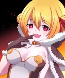 Rule 34 | 1girl, black background, blonde hair, blush, breasts, bright pupils, brown cape, brown dress, brown gloves, cape, commentary request, double bun, dress, embers, fur-trimmed cape, fur-trimmed gloves, fur trim, gloves, gradient background, hair between eyes, hair bun, hair ribbon, high wizard (ragnarok online), kathryne keyron, long bangs, looking at viewer, medium breasts, ojou-sama pose, open mouth, orange background, ragnarok online, red eyes, red ribbon, ribbon, rozelia00, short hair, smile, solo, strapless, strapless dress, two-tone dress, upper body, white dress, white pupils