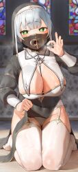 Rule 34 | 1girl, absurdres, breasts, cleavage, covered navel, fellatio gesture, frikulu, garter straps, green eyes, grey hair, habit, heart, heart-shaped pupils, highres, hololive, kneeling, large breasts, mouth veil, nun, open mouth, panties, pantyshot, shirogane noel, shirogane noel (nun), short hair, sitting, solo, sweat, symbol-shaped pupils, thighhighs, thighs, tongue, tongue out, underwear, veil, virtual youtuber, white panties