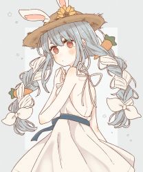 Rule 34 | 1girl, animal ears, arm at side, bare shoulders, blue hair, blush, braid, breasts, carrot hair ornament, closed mouth, cowboy shot, dress, ears through headwear, flower, food-themed hair ornament, from behind, hair ornament, hand up, hat, hat flower, highres, hololive, blue background, long hair, looking at viewer, looking back, multicolored hair, orange eyes, rabbit ears, rabbit girl, shoulder blades, simple background, sleeveless, small breasts, solo, standing, straw hat, sun hat, sundress, swept bangs, thick eyebrows, traum38, twin braids, twintails, two-tone hair, usada pekora, virtual youtuber, white dress, white hair