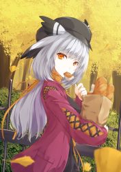 Rule 34 | 1girl, arknights, bag, black hat, black shirt, bread, cardigan, eating, feather hair, fence, food, grey hair, hat, highres, holding, holding bag, leaf, long hair, looking at viewer, mouth hold, official alternate costume, open cardigan, open clothes, orange eyes, owl ears, ptilopsis (arknights), ptilopsis (serenity) (arknights), purple sweater, shirt, solo, standing, sweater, tree, turtleneck, upper body, yuki-san (wdtm yuki)