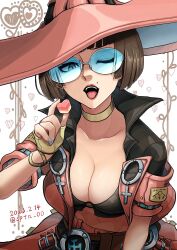 Rule 34 | 1girl, alternate color, blue nails, breasts, brown hair, candy, candy heart, choker, fingerless gloves, food, gloves, green-tinted eyewear, guilty gear, guilty gear strive, hat, highres, holding, holding candy, holding food, i-no, large breasts, looking at viewer, medium hair, mole, mole above mouth, one eye closed, open mouth, pink hat, red lips, short sleeves, sptn 00, tinted eyewear, venus symbol, witch hat, yellow choker, yellow gloves