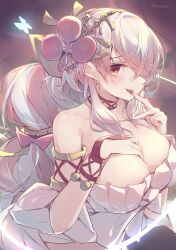 Rule 34 | 1girl, absurdres, bare shoulders, blush, breasts, cleavage, dress, duel monster, flower, hair flower, hair ornament, hair over one eye, hand on own chest, highres, kanzakietc, large breasts, long hair, looking at viewer, pink hair, pointy ears, red eyes, smile, solo, traptrix pinguicula, twitter username, upper body, yu-gi-oh!