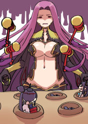 Rule 34 | 2girls, armor, black hair, breasts, bustier, claws, cleavage, cleavage cutout, clothing cutout, detached sleeves, fate/grand order, fate (series), gorgon (fate), japanese armor, large breasts, long hair, looking at another, medusa (fate), medusa (rider) (fate), monster girl, multiple girls, navel, nyantiu, open mouth, purple hair, revealing clothes, rider, scales, shaded face, side ponytail, slit pupils, snake, snake hair, ushiwakamaru (fate), very long hair