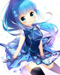 Rule 34 | 1girl, black thighhighs, blue dress, blue eyes, blue gloves, blue hair, blue ribbon, blue skirt, blush, breasts, closed mouth, commentary request, dress, flower, frilled gloves, frilled sleeves, frills, gloves, hair flower, hair ornament, hatsune miku, high ponytail, highres, ikari (aor3507), leaf, long hair, looking at viewer, medium breasts, ribbon, sidelocks, skirt, sleeveless, smile, solo, tareme, thighhighs, very long hair, vocaloid, white background