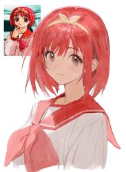 Rule 34 | 1girl, absurdres, bow, brown eyes, closed mouth, collarbone, cropped torso, hair between eyes, highres, kamigishi akari, light smile, looking at viewer, nagamerin, neckerchief, red hair, red neckerchief, red sailor collar, reference inset, sailor collar, school uniform, screenshot inset, serafuku, shirt, short hair, simple background, solo, to heart, to heart (series), upper body, white background, white shirt, yellow bow