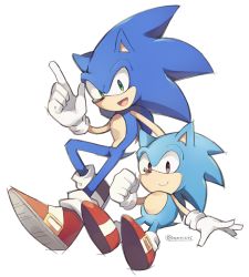Rule 34 | brown eyes, clenched hand, gloves, green eyes, hedgehog, looking at viewer, male focus, multiple persona, red footwear, rento (rukeai), sideways mouth, smile, sonic the hedgehog, sonic (series), white gloves