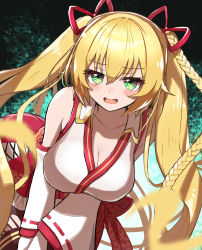 Rule 34 | .live, 1girl, bent over, blonde hair, blush, breasts, cleavage, commentary request, detached sleeves, green background, green eyes, highres, kongou iroha, large breasts, long hair, looking at viewer, open mouth, simple background, solo, twintails, twintails day, virtual youtuber