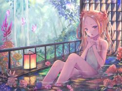 Rule 34 | 1girl, abigail williams (fate), bare shoulders, bathing, blonde hair, blue eyes, blush, bow, breasts, bug, butterfly, collarbone, covering privates, fate/grand order, fate (series), flower, forehead, insect, kinom (sculpturesky), knees up, lantern, long hair, looking at viewer, naked towel, nude cover, onsen, open mouth, orange bow, paper lantern, parted bangs, sitting, small breasts, solo, towel, water, wet, white towel