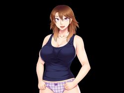 Rule 34 | 1girl, bare arms, blue shirt, breasts, brown hair, cleavage, clenched hands, collarbone, earrings, game cg, hair between eyes, huge breasts, jewelry, long hair, looking at viewer, oohara kyuutarou, open mouth, original, panties, pink eyes, shirouto yan mama, kosatsu av debut: mitena, onna wa dokyou daze!, shirt, sleeveless, smile, solo, standing, striped clothes, striped panties, transparent background, underwear, upper body