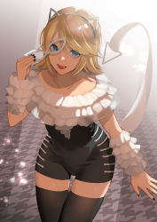 Rule 34 | 1girl, alternate costume, animal ears, blonde hair, blue eyes, cat ears, fake animal ears, fang, highres, holding, holding mask, kagamine rin, leaning forward, mask, meriko, nail polish, open mouth, smile, solo, thighhighs, vocaloid