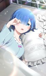 Rule 34 | 1girl, blue eyes, blue hair, blue shirt, blush, bow, collarbone, from above, hair ornament, hair over one eye, highres, long sleeves, lying, official art, on bed, on side, open mouth, pillow, pink bow, re:zero kara hajimeru isekai seikatsu, rem (re:zero), shirt, short hair, sleepy, solo, sparkle, sunlight, under covers, upper body, x hair ornament