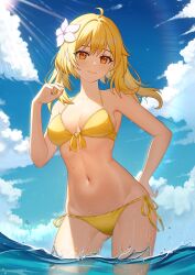 Rule 34 | 1girl, absurdres, ahoge, bare arms, bare shoulders, bikini, blonde hair, blue sky, breasts, closed mouth, cloud, commentary request, day, flower, genshin impact, gluteal fold, groin, hair between eyes, hair flower, hair ornament, hand up, hh long, highres, long hair, lumine (genshin impact), medium breasts, navel, ocean, outdoors, red eyes, side-tie bikini bottom, sidelocks, sky, smile, solo, sunlight, swimsuit, wading, water, white flower, yellow bikini