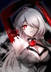 Rule 34 | 1girl, acheron (honkai: star rail), ahoge, armpits, black choker, blood, bloody tears, breasts, bright pupils, choker, cleavage, colored extremities, commentary request, criss-cross halter, earrings, flower, hair over one eye, halterneck, highres, holding, holding sword, holding weapon, honkai: star rail, honkai (series), jewelry, large breasts, long hair, looking at viewer, parted lips, red eyes, red flower, scorpio z1112, solo, sword, upper body, weapon, white hair, white pupils