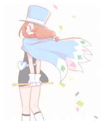 Rule 34 | 1girl, ace attorney, belt pouch, blue eyes, blue hat, brown hair, cape, closed mouth, confetti, dress, from behind, gloves, hat, holding, long hair, looking at viewer, magician, mai8484, pouch, scarf, short hair, smile, solo, standing, top hat, trucy wright, white gloves