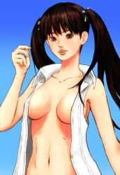 Rule 34 | 1girl, alternate costume, alternate hairstyle, breasts, brown eyes, brown hair, collarbone, dead or alive, dead or alive 5, hair ribbon, lei fang, lips, naked vest, no bra, ribbon, smile, solo, susi (sousome), twintails, vest