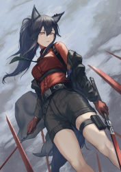 Rule 34 | 1girl, absurdres, animal ears, arknights, black hair, black jacket, black shorts, blouse, cloud, cloudy sky, collared shirt, dual wielding, dutch angle, feet out of frame, from below, gloves, green necktie, grey sky, hair between eyes, highres, holding, jacket, long hair, long sleeves, necktie, off shoulder, official alternate costume, outdoors, planted, planted sword, planted weapon, ponytail, red gloves, red shirt, shirt, shorts, sidelocks, sky, solo, striped clothes, striped necktie, striped shorts, sword, texas (arknights), texas (willpower) (arknights), thigh strap, weapon, wolf ears, yasu (segawahiroyasu), yellow eyes